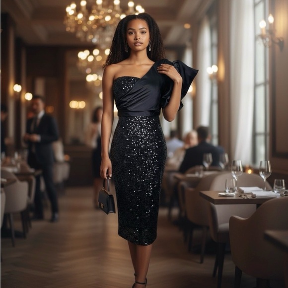 Badgley Mischka Black One-Shoulder Sequin Dress NWT Size 4 - Picture 14 of 16